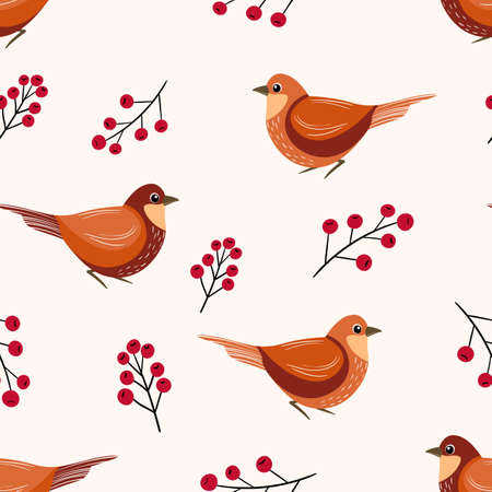 Seamless pattern with funny colorful birds, flowers, leaves and berries. Color flat vector illustration with little cartoon bird. Cute characters. Design for invitation, poster, card, textile, fabricのイラスト素材