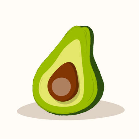Cute avocado isolated on white background. Green avocados with leaves and slice. Natural delicious fresh ripe tasty summer fruit. Vector illustration for packaging, card, other design. Food conceptのイラスト素材