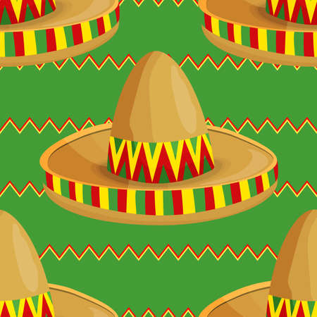 Seamless pattern with ethnic sombrero hat on color background. Vector drawing illustration for packaging, fabric, textile. Wild west, Mexico concept. Traditional Mexican wide brimmed hatのイラスト素材