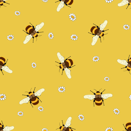 Seamless pattern with bees on floral background. Small wasp. Vector illustration. Adorable cartoon character. Template design for invitation, cards, textile, fabric. Doodle styleのイラスト素材