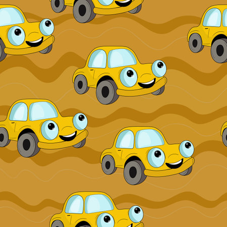 Seamless pattern with cute car on color background. Cartoot transport. Vector illustration. Doodle style. Design for baby print, invitation, poster, card, fabric, textileのイラスト素材