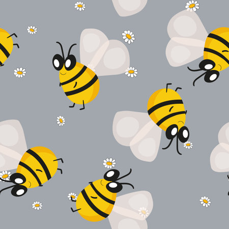 Seamless pattern with bees on floral background. Small wasp. Vector illustration. Adorable cartoon...