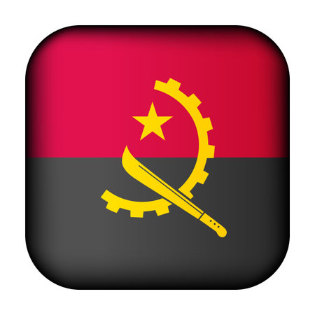 Squared icon with flag of Angola. Glass light ball, sticker, sphere. Angolan national symbol. Glossy realistic ball, 3D abstract vector illustration. Template big bubbleのイラスト素材