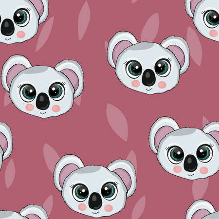 Seamless pattern with cute koala baby on color background. Funny australian animals. Card, postcards for kids. Flat vector illustration for fabric, textile, wallpaper, poster, paperのイラスト素材