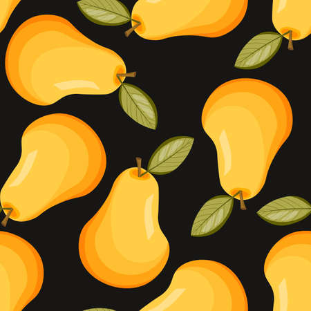 Seamless pattern with pear on black background. Natural delicious fresh ripe tasty fruit. Vector illustration for print, fabric, textile, banner, other design. Stylized pears with leaves. Food conceptのイラスト素材