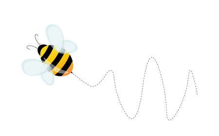 Set of cartoon bee mascot. A small bees flying on a dotted route. Wasp collection. Vector characters. Incest icon. Template design for invitation, cards. Doodle styleのイラスト素材