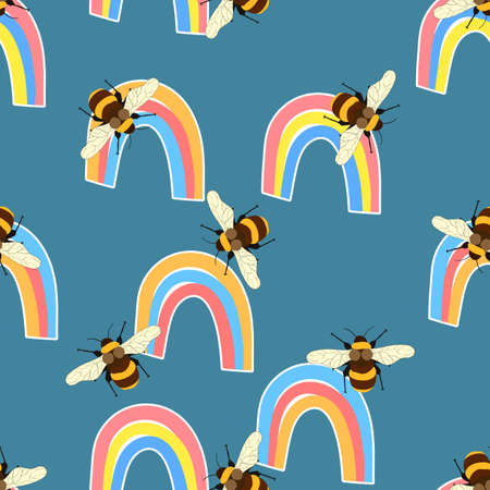 Seamless pattern with bees and rainbow. Small wasp. Vector illustration. Adorable cartoon character. Template design for invitation, cards, textile, fabric. Doodle styleのイラスト素材