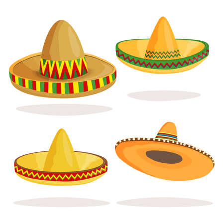 Mexican ethnic sombrero hat isolated element. Vector drawing illustration for icon, game, packaging, banner. Wild west, Mexico concept. Traditional Mexican wide brimmed hatのイラスト素材