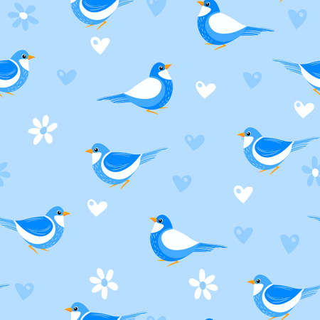 Seamless pattern with funny colorful birds, flowers, leaves and berries. Color flat vector illustration with little cartoon bird. Cute characters. Design for invitation, poster, card, textile, fabricのイラスト素材