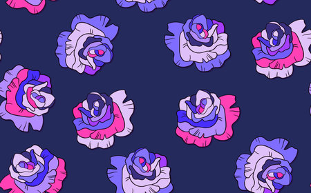 Seamless floral pattern with pink roses. Cartoon style. Design for fabric, textile, paper. Colorful...