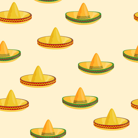 Seamless pattern with ethnic sombrero hat on color background. Vector drawing illustration for packaging, fabric, textile. Wild west, Mexico concept. Traditional Mexican wide brimmed hatのイラスト素材