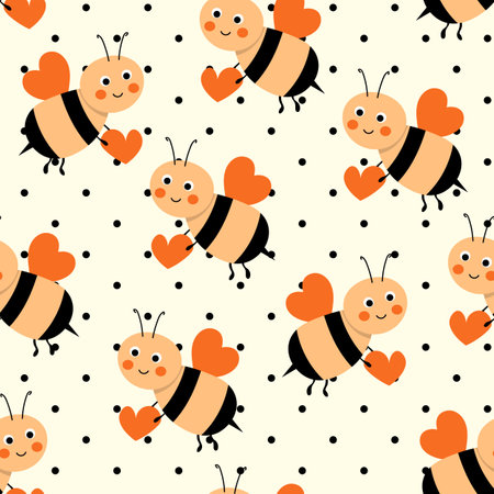 Seamless pattern with bees on white polka dots background. Small wasp. Vector illustration. Adorable cartoon character. Template design for invitation, cards, textile, fabric. Doodle styleのイラスト素材