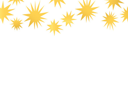 Stars golden glitter confetti isolated on blurred abstract white background. Festive holiday background. Celebration concept. Falling magic gold particles. Invitation mock up. Top view, flat layのイラスト素材