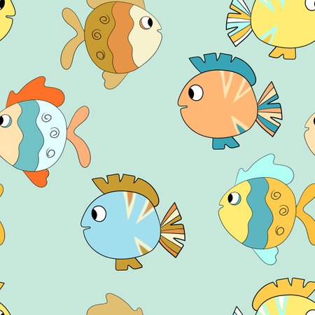Seamless pattern with cute fish on color background. Vector cartoon animals colorful illustration. Adorable character for cards, wallpaper, textile, fabric. Flat style.のイラスト素材