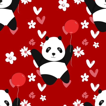 Seamless pattern with cute panda baby on color floral background. Funny asian animals. Card, postcards for kids. Flat vector illustration for fabric, textile, wallpaper, poster, gift wrapping paperのイラスト素材