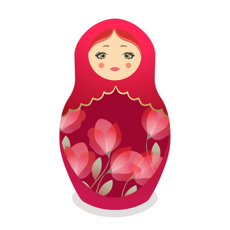 Russian Matryoshka. Traditional Russian folklore dolls with big eyes and lips. Babushka doll with hohloma, traditional painted floral pattern. Hand drawn vector illustrationのイラスト素材