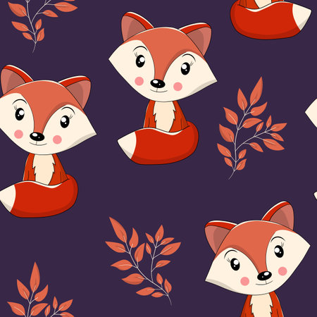 Seamless pattern with cute fox baby on color background. Funny forest animals. Card, postcards for kids. Flat vector illustration for fabric, textile, wallpaper, poster, paperのイラスト素材
