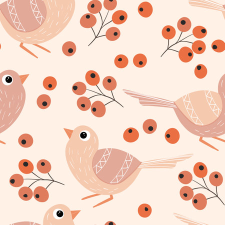 Seamless pattern with funny colorful birds, flowers, leaves and berries. Color flat vector illustration with little cartoon bird. Cute characters. Design for invitation, poster, card, textile, fabricのイラスト素材