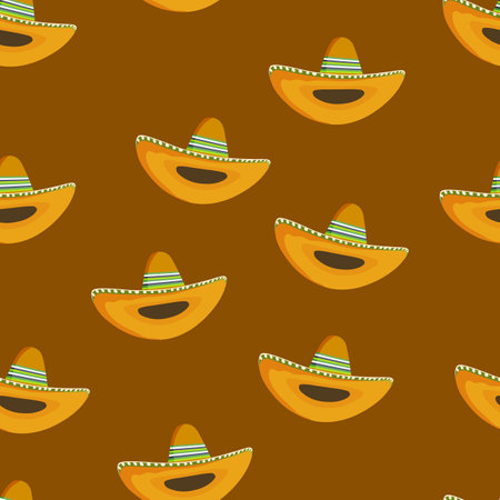 Seamless pattern with ethnic sombrero hat on color background. Vector drawing illustration for packaging, fabric, textile. Wild west, Mexico concept. Traditional Mexican wide brimmed hatのイラスト素材