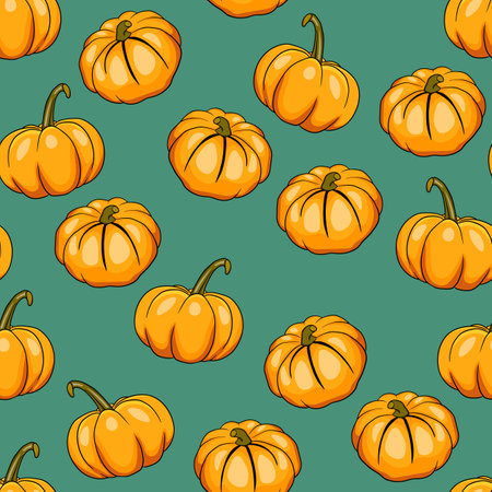 Seamless pattern with halloween pumpkins on color background. Scary and funny faces. Cute Pumpkin or ghost. Vector autumn holidays illustrationのイラスト素材