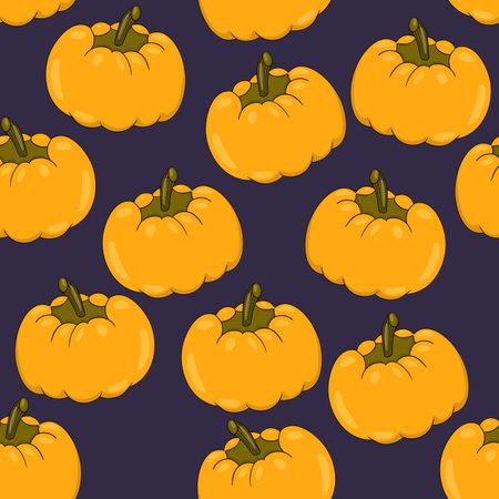 Seamless pattern with halloween pumpkins on color background. Scary and funny faces. Cute Pumpkin or ghost. Vector autumn holidays illustrationのイラスト素材