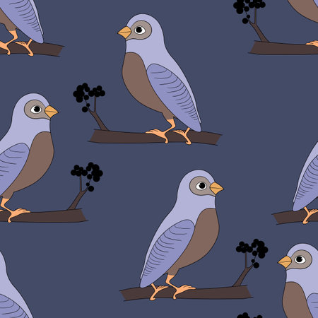 Seamless pattern with funny colorful birds, flowers, leaves and berries. Color flat vector illustration with little cartoon bird. Cute characters. Design for invitation, poster, card, textile, fabricのイラスト素材