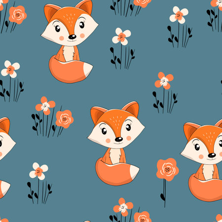 Seamless pattern with cute fox baby on color background. Funny forest animals. Card, postcards for kids. Flat vector illustration for fabric, textile, wallpaper, poster, paperのイラスト素材