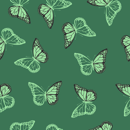 Seamless pattern with funny colorful Butterflies, flowers. Color flat vector illustration for invitation, poster, card, textile, fabric. Butterfly graphic design print. Trendy animal motif wallpaperのイラスト素材