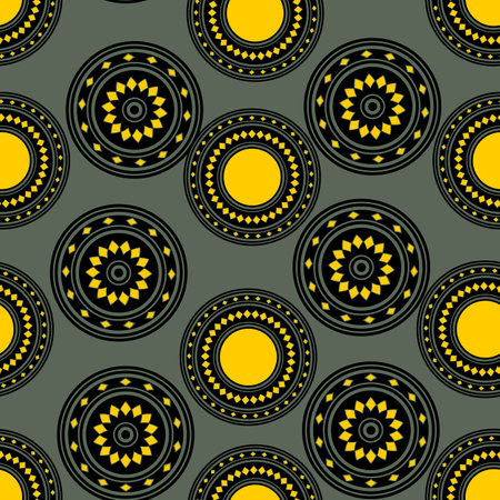 Seamless pattern with geometric aboriginal ornament. Ethnic tribal rounded color background. Afican, australian motiph. Dots painting. Vector illustration, template design for cloth, card, fabricのイラスト素材