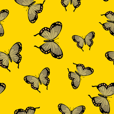 Seamless pattern with funny colorful Butterflies, flowers. Color flat vector illustration for invitation, poster, card, textile, fabric. Butterfly graphic design print. Trendy animal motif wallpaperのイラスト素材