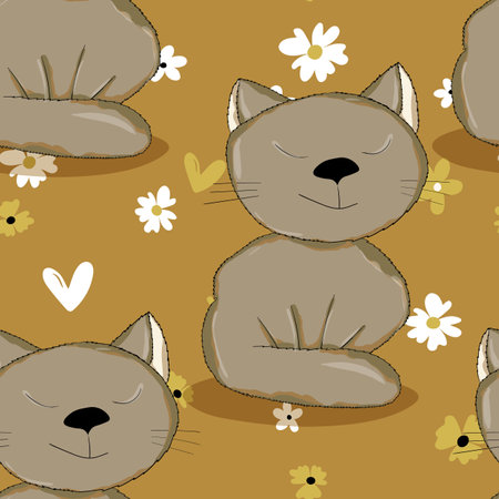 Seamless pattern with cute kitten print. Different scandy cats on color background. Scandinavian style illustration for kids. Vector illustration for fabric, textile, wallpaper, home clothing, pajamaのイラスト素材