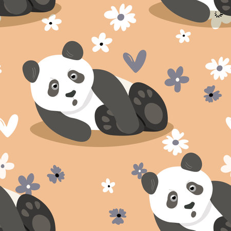 Seamless pattern with cute panda baby on color floral background. Funny asian animals. Card, postcards for kids. Flat vector illustration for fabric, textile, wallpaper, poster, gift wrapping paperのイラスト素材