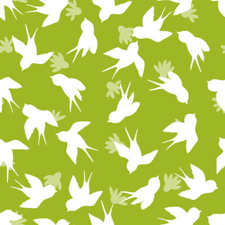 Seamless pattern with swallow silhouette on color background. Cute bird in flight. Vector illustration. Doodle style. Design for invitation, poster, card, fabric, textileのイラスト素材