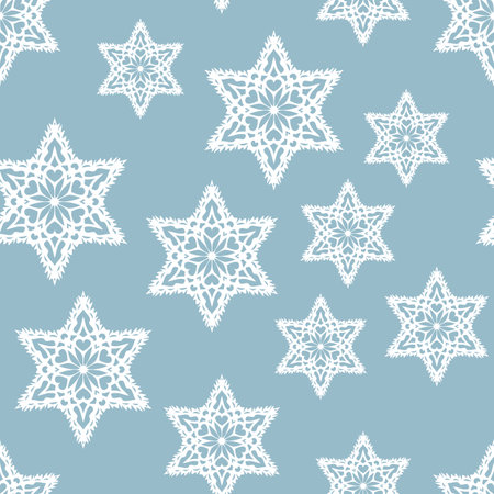 Winter seamless pattern with white snowflakes on blue background. Vector illustration for fabric, textile wallpaper, posters, gift wrapping paper. Christmas vector illustration. Falling snowのイラスト素材