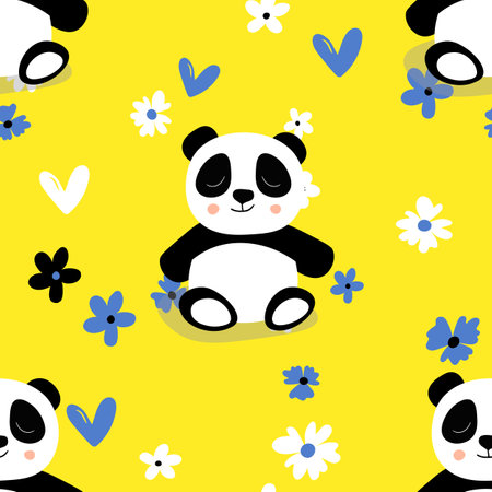 Seamless pattern with cute panda baby on color floral background. Funny asian animals. Card, postcards for kids. Flat vector illustration for fabric, textile, wallpaper, poster, gift wrapping paperのイラスト素材