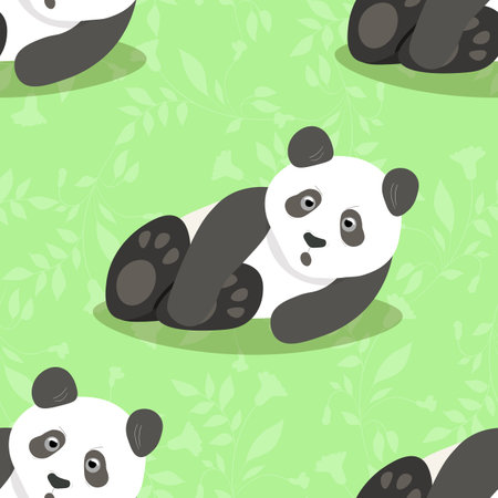 Seamless pattern with cute panda baby on color floral background. Funny asian animals. Card, postcards for kids. Flat vector illustration for fabric, textile, wallpaper, poster, gift wrapping paperのイラスト素材