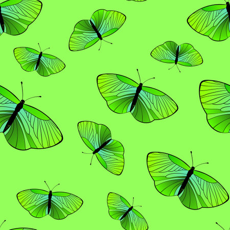 Seamless pattern with funny colorful Butterflies, flowers. Color flat vector illustration for invitation, poster, card, textile, fabric. Butterfly graphic design print. Trendy animal motif wallpaperのイラスト素材