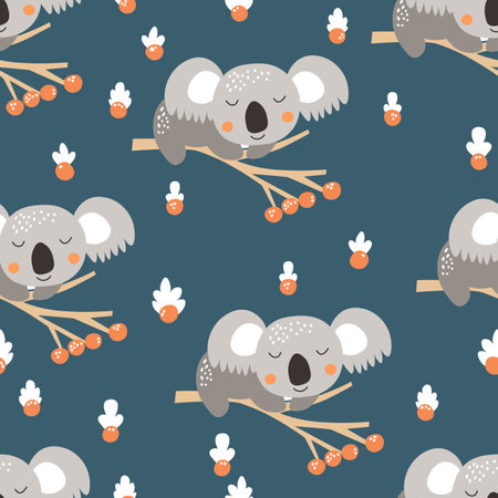 Seamless pattern with cute koala baby on color background. Funny australian animals. Card, postcards for kids. Flat vector illustration for fabric, textile, wallpaper, poster, paperのイラスト素材
