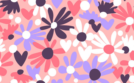 Seamless floral pattern based on traditional folk art ornaments. Colorful flowers on color background. Scandinavian style. Sweden nordic style. Vector illustration. Simple minimalistic patternのイラスト素材