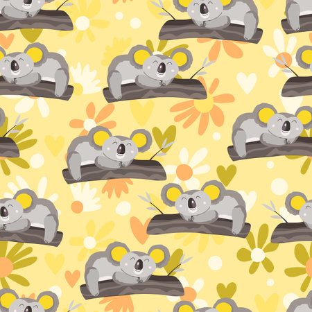 Seamless pattern with cute koala baby on color background. Funny australian animals. Card, postcards for kids. Flat vector illustration for fabric, textile, wallpaper, poster, paperのイラスト素材