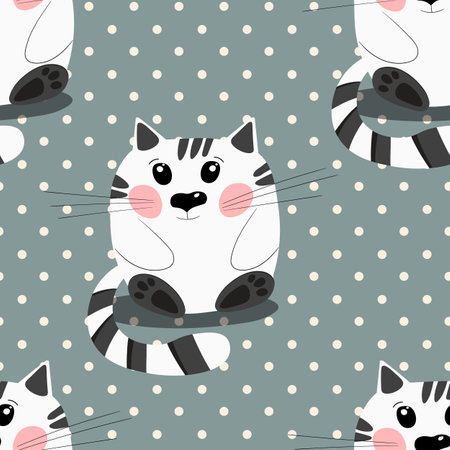 Seamless pattern with cute kitten print. Different scandy cats on color background. Scandinavian style illustration for kids. Vector illustration for fabric, textile, wallpaper, home clothing, pajamaのイラスト素材