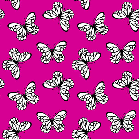 Seamless pattern with funny colorful Butterflies, flowers. Color flat vector illustration for invitation, poster, card, textile, fabric. Butterfly graphic design print. Trendy animal motif wallpaperのイラスト素材