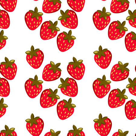 Seamless pattern with strawberry on white background. Natural delicious fresh ripe tasty fruit. Vector illustration for print, fabric, textile, banner, other design. Food concept.のイラスト素材
