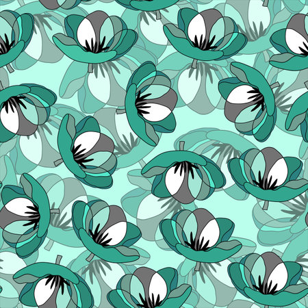 Spring colorful vector illustration with blue tulips. Cartoon style. Design for fabric, textile, paper. Holiday print for Easter, Birthday, 8 March. Flowers with leavesのイラスト素材