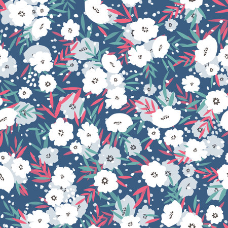 Seamless floral pattern based on traditional folk art ornaments. Colorful flowers on color background. Scandinavian style. Sweden nordic style. Vector illustration. Simple minimalistic patternのイラスト素材