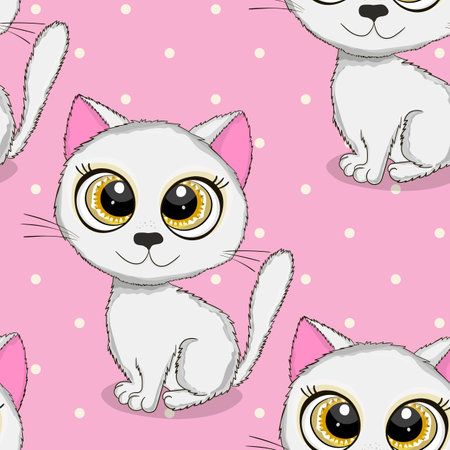 Seamless pattern with cute kitten print. Different scandy cats on color background. Scandinavian style illustration for kids. Vector illustration for fabric, textile, wallpaper, home clothing, pajamaのイラスト素材