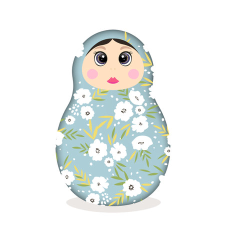 Russian Matryoshka. Traditional Russian folklore dolls with big eyes and lips. Babushka doll with hohloma, traditional painted floral pattern. Hand drawn vector illustrationのイラスト素材