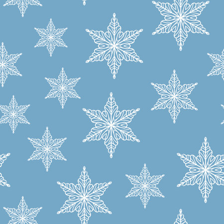 Winter seamless pattern with white snowflakes on blue background. Vector illustration for fabric, textile wallpaper, posters, gift wrapping paper. Christmas vector illustration. Falling snowのイラスト素材