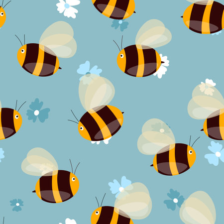 Seamless pattern with bees on floral background. Small wasp. Vector illustration. Adorable cartoon character. Template design for invitation, cards, textile, fabric. Doodle styleのイラスト素材