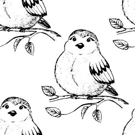 Seamless pattern with funny birds, flowers, leaves. Flat vector illustration with cartoon bird silhouette. Cute characters. Design for invitation, poster, card, textile, fabricのイラスト素材